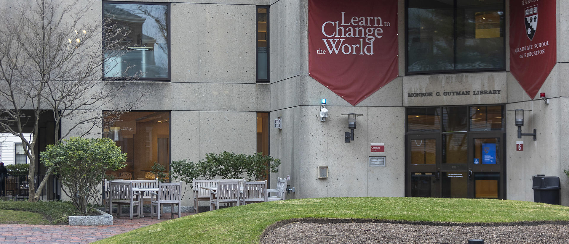 Front door to Gutman Library at the Harvard Graduate School of Education.